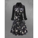 Bild von Rosegal Outlets Rosegal Gothic Kleid Aus Samt Mit Sonne-Mond-Stern-Aufdruck, Durchgehender Knopfleiste, Umlegekragen Und Bindeband In A-Linie Schwarz 2xl