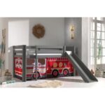 Bild von vipack Halbhohes Bett PINO, mit Rutsche und Textilset “FIRE RESCUE”, Ausf. Kiefer massiv grau lackiert